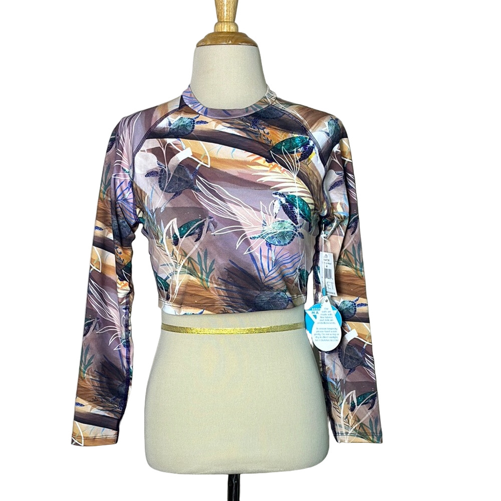 New WET Women Medium Turtle Print Ella Cropped Rashguard Top Beach Coast‎ Resort